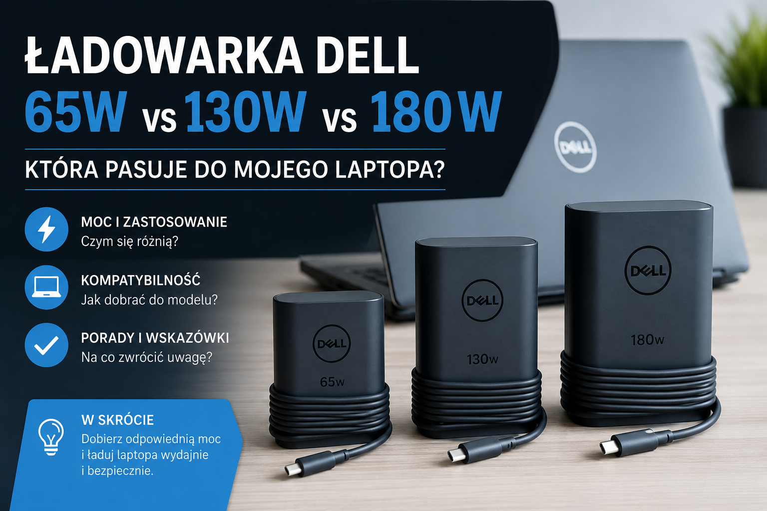 Ładowarka Dell 65W vs 130W vs 180W — przewodnik kompatybilności